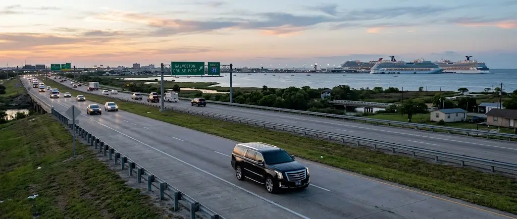Houston Airports (IAH & HOU) to Galveston Cruise Port Guide | Limo at Houston 1 Private luxury SUV providing IAH to Galveston shuttle service for cruise passengers.