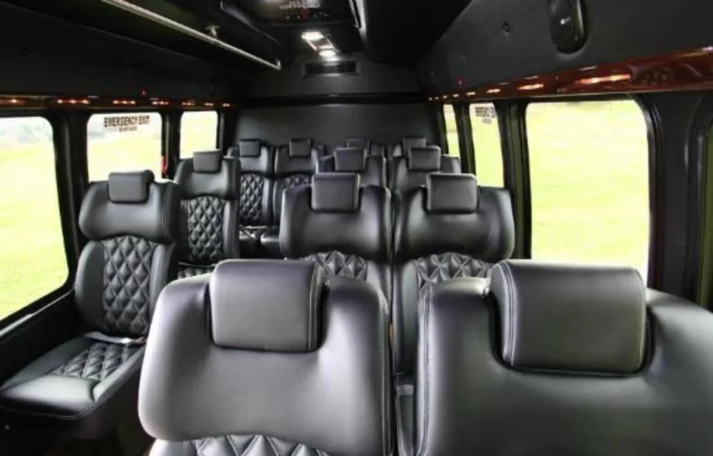 IAH Airport to Galveston Cruise Transportation 1 Mercedes Sprinter limo interior for group IAH to Galveston cruise transportation.