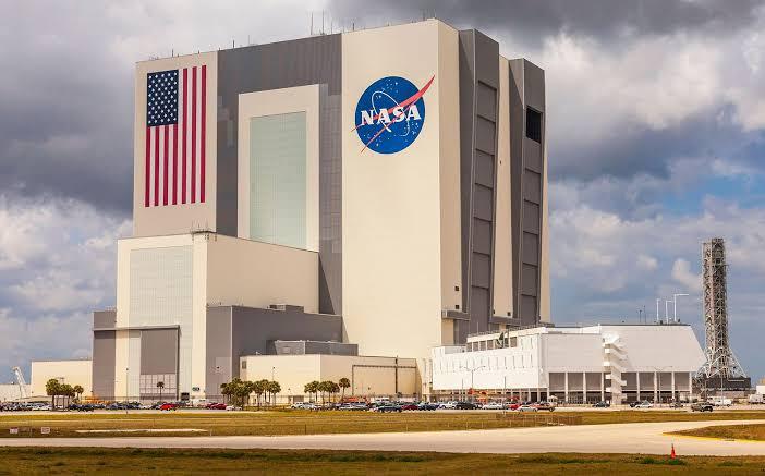 Large building with an American flag, possibly in