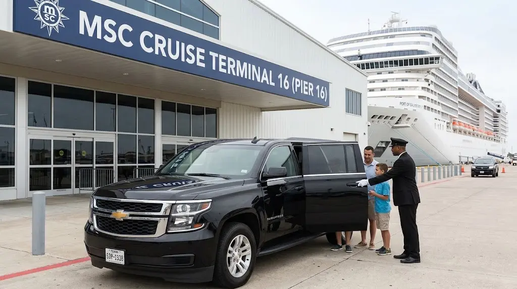 Private SUV arriving at MSC Cruise Terminal 16 in Galveston from Houston airport.