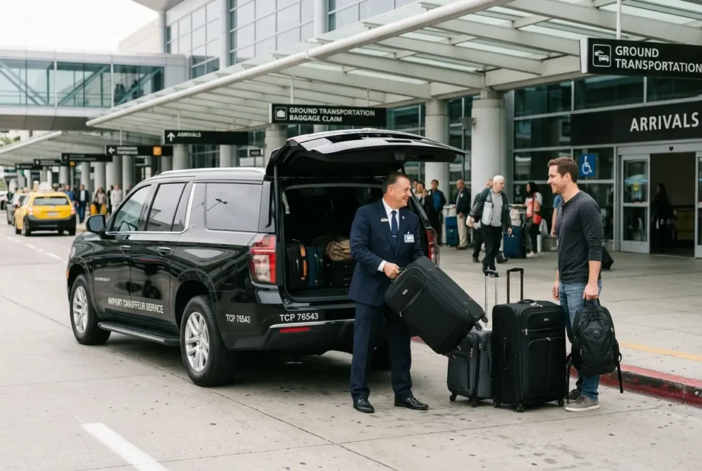 Chauffeur loading luggage for Houston to Galveston cruise transfer service.