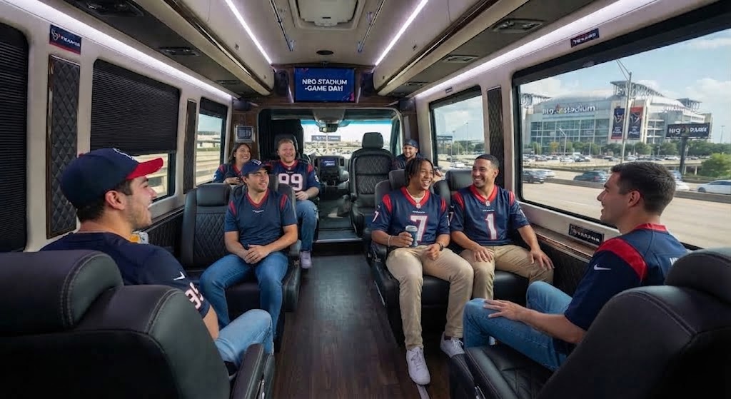 Concert transportation NRG Stadium group traveling in executive shuttle comfort.