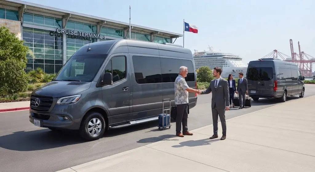 Corporate team entering a luxury Mercedes Sprinter van for executive transport in Houston.