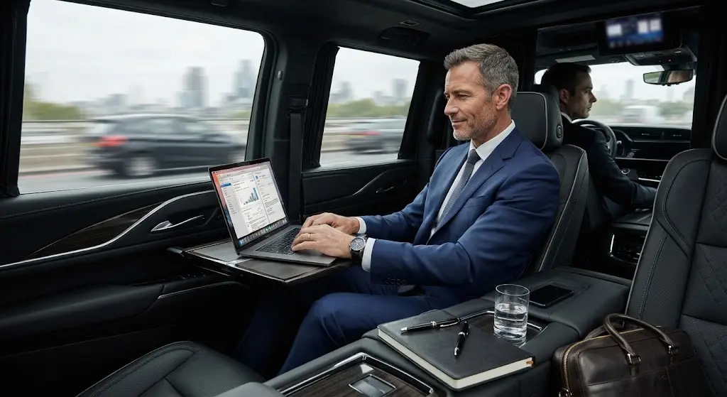 Business executive working inside a luxury black car service vehicle in Houston.