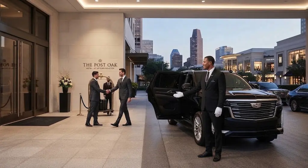 Galleria luxury car service and professional chauffeur assisting passengers.