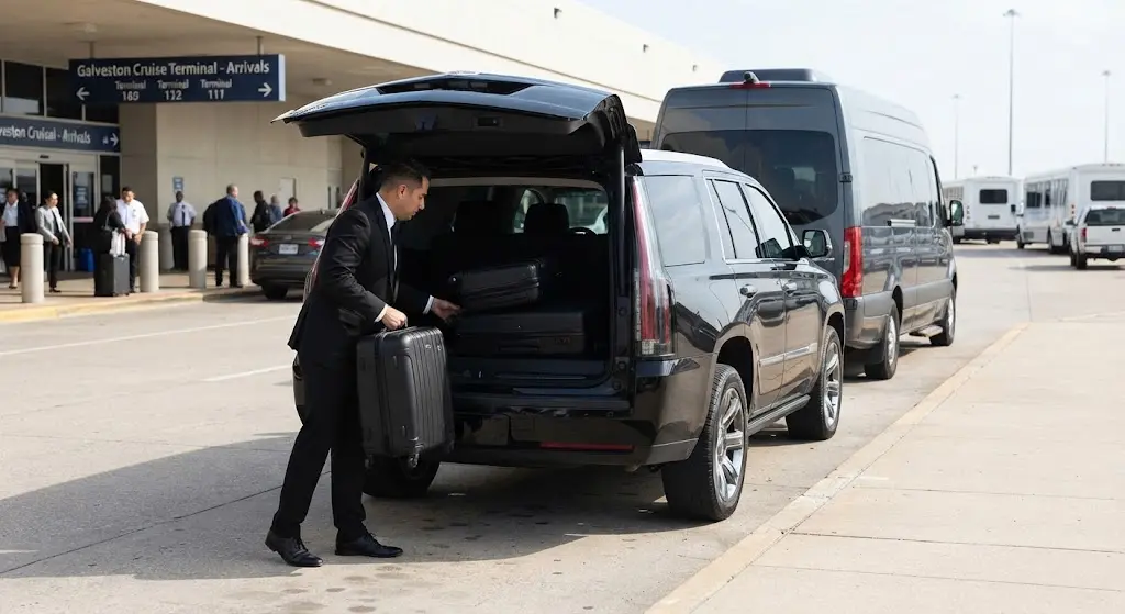 Chauffeur assisting passengers during Galveston cruise port shuttle drop-off.