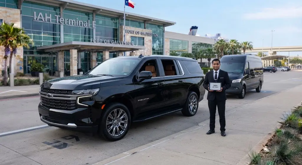 Professional chauffeur providing executive corporate limo service and shuttle transport at Houston airport.