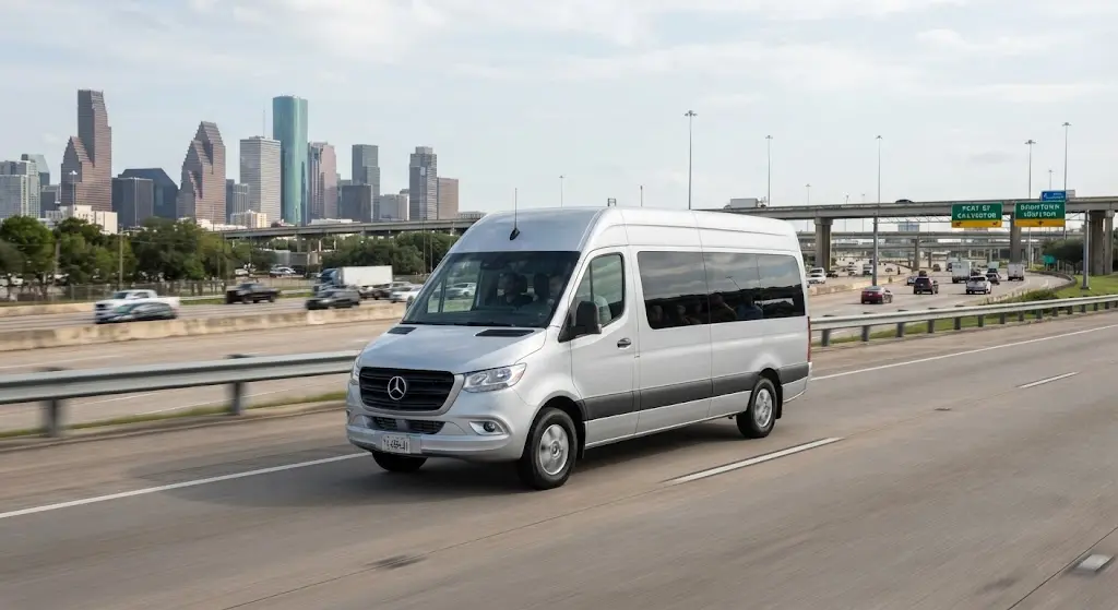 IAH & HOU shuttle transfer and affordable Houston transportation vehicle.