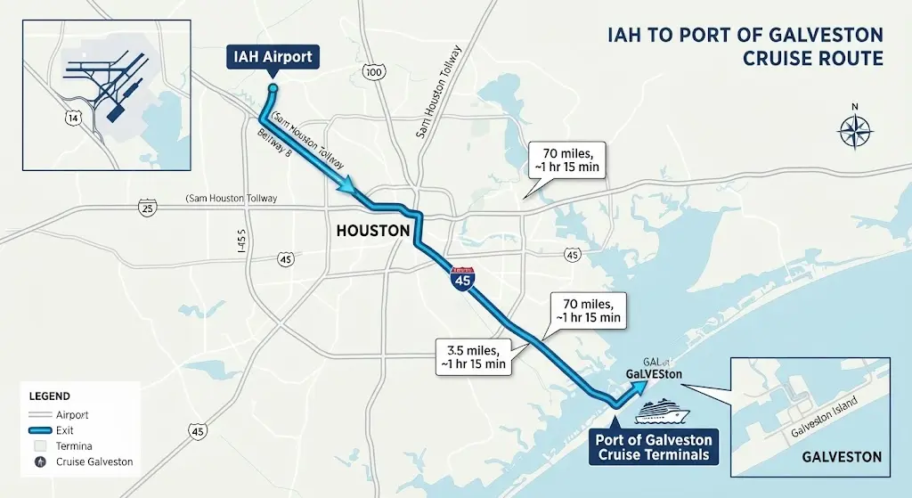 IAH to Galveston shuttle highway route map for direct transfers.