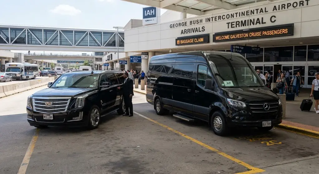 IAH to Galveston shuttle and executive private transport service at the airport.
