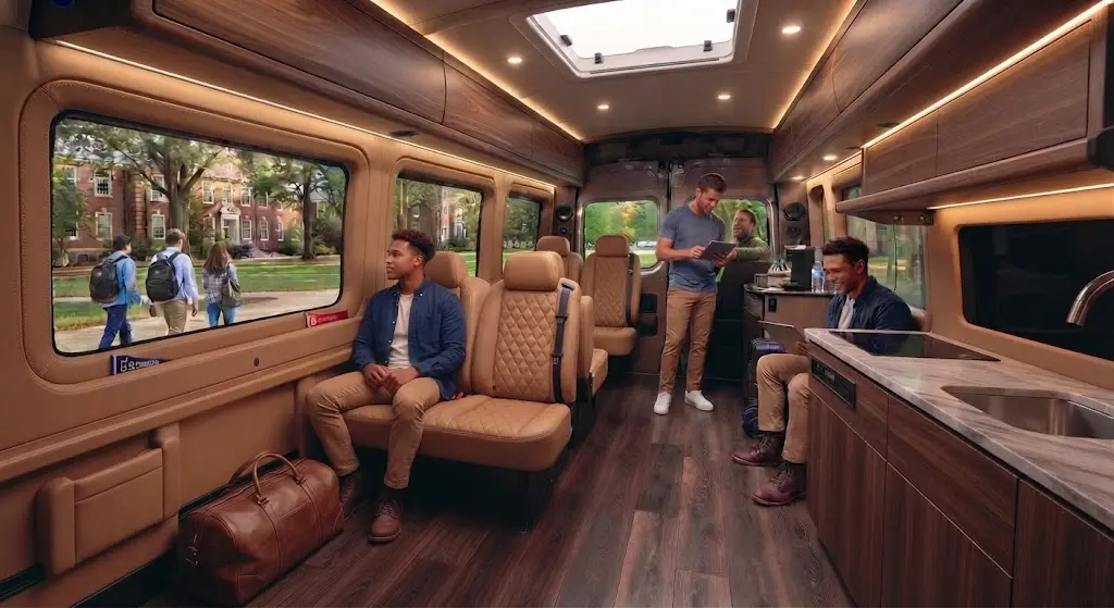 Mercedes Sprinter van rental Houston to College Station group shuttle.