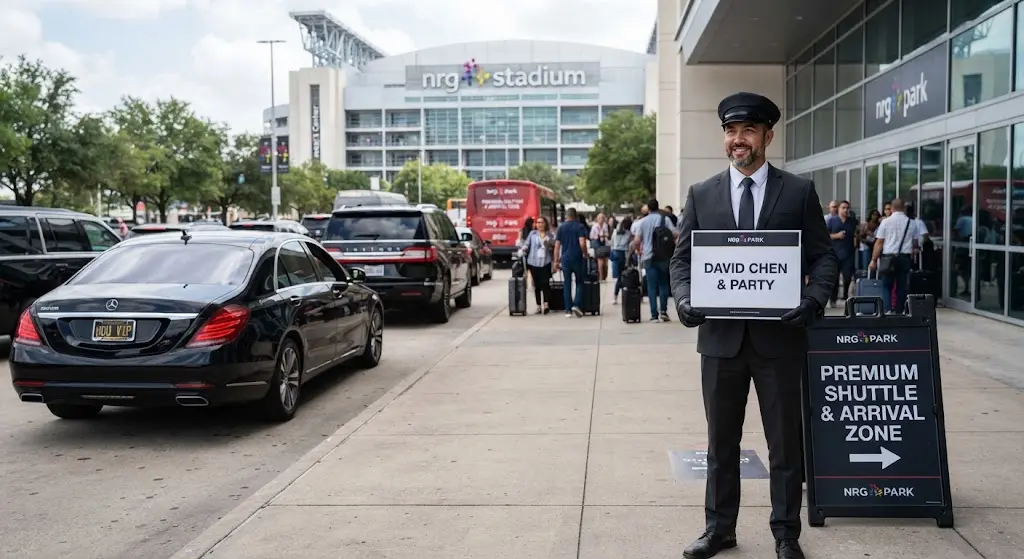 NRG Stadium private shuttle and professional chauffeur waiting at event gates.