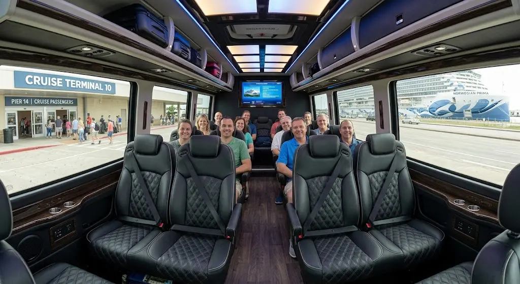 Norwegian Cruise Galveston Transportation Guide | LimoAtHouston 2 Spacious luxury Sprinter interior for private car service Galveston Terminal 14 transfers.