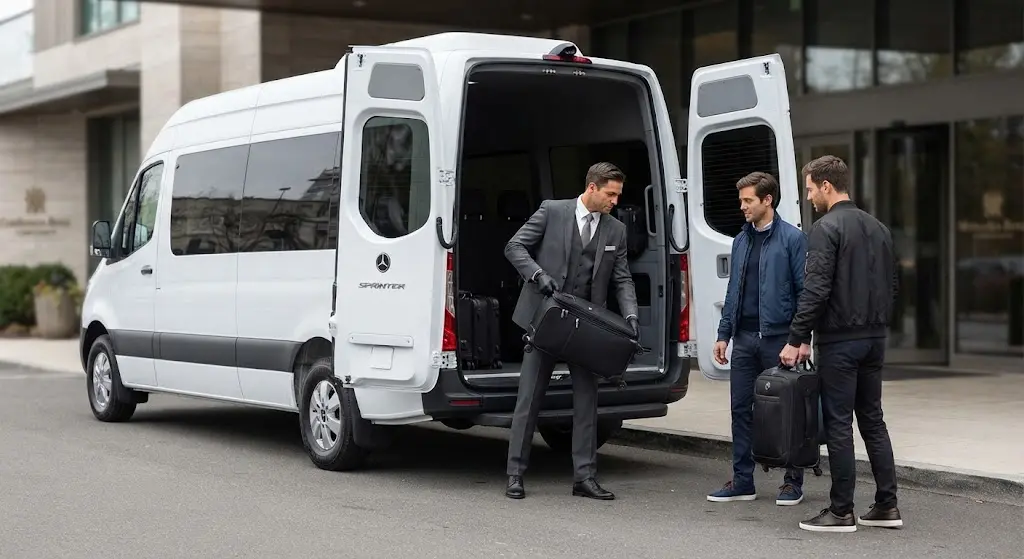 Shared airport shuttle Houston passengers getting luggage assistance from a driver.