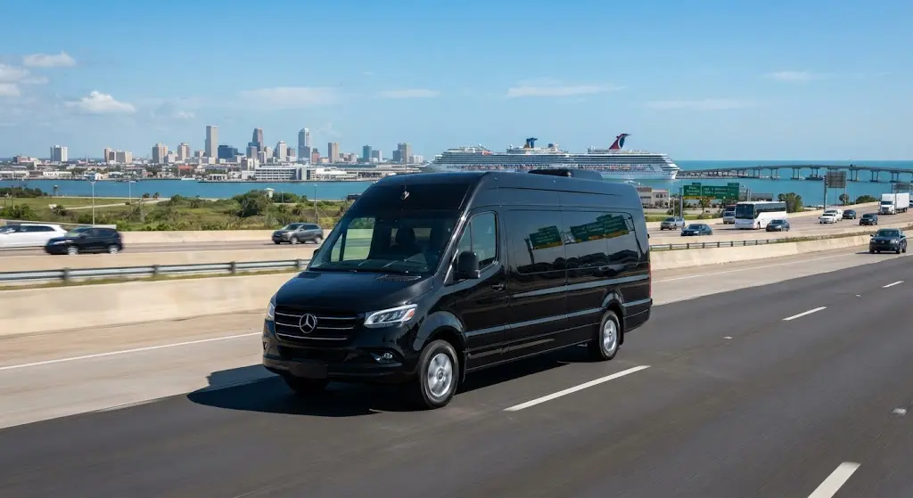 Shared cruise shuttle to Galveston carrying travelers to port terminals.