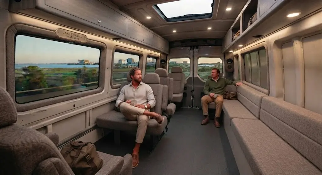 Mercedes Sprinter van rental Houston to Lake Charles group shuttle.
